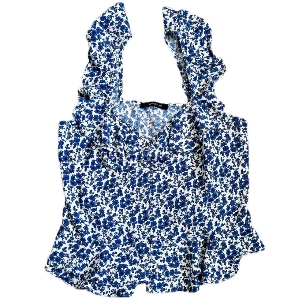 Sugar Lips Alice Floral Ruffle Top Blouse Shirt Fits Medium Large Blue Flowers